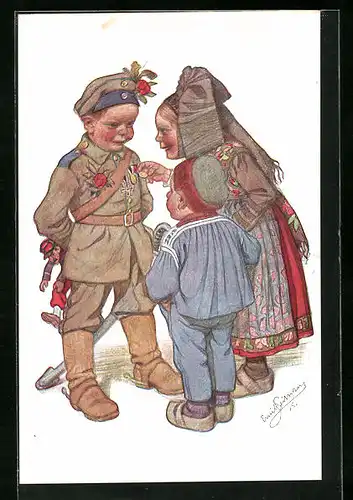Künstler-AK Emil Beithan: Kleiner Soldat und Mädchen in Tracht