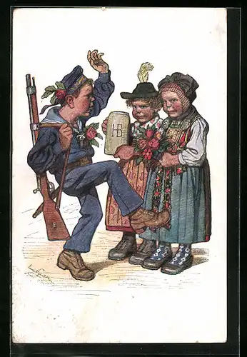 Künstler-AK Emil Beithan: Matrose und Mädchen in Trachten