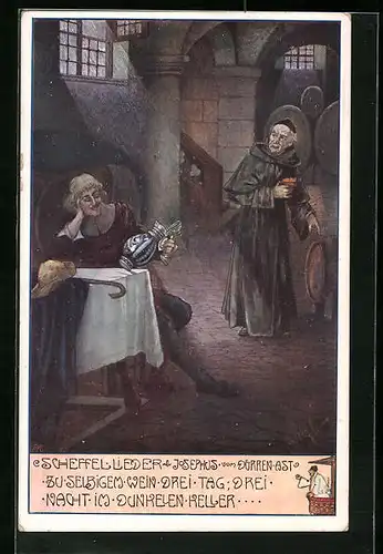 Künstler-AK T. Welzl: Szene im Weinkeller mit Mönch