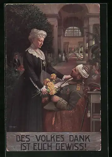 AK Kaiserin Auguste Victoria mit Blumen bei den verletzten Soldaten im Lazarett