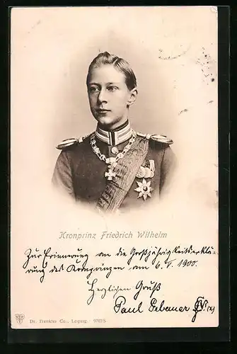 AK Der noch junge Kronprinz Wilhelm von Preussen in Uniform mit Schärpe