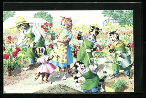Künstler-AK Katzen bei der Gartenarbeit