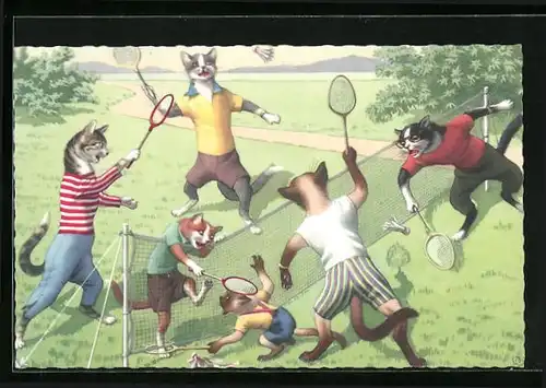 Künstler-AK Katzen spielen Badminton