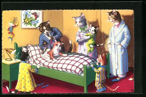 Künstler-AK Krankes Katzenkind mit fürsorglicher Familie
