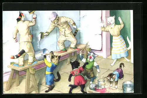 AK Kleine Katzen stören bei Malerarbeiten