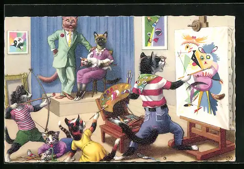 AK Abstrakter Künstler portraitiert Katzenfamilie