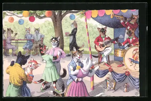 AK Tanzende Katzen auf Volksfest
