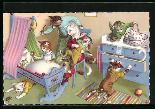 AK Familie Katze im Kinderzimmer