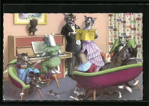 AK Katzen bei Ständchen mit Klavier