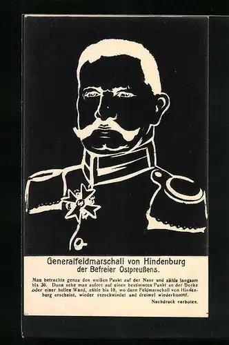 Künstler-AK Silhouette Paul von Hindenburgs mit Anleitung für Nachbildeffekt