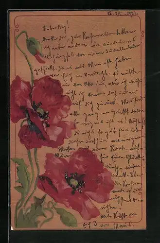 Holzbrand-Imitations-AK Klatschmohnblüten und -knospe