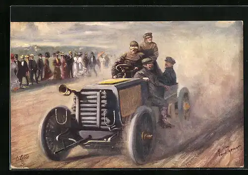 Künstler-AK Vier Herrschaften beim Fahren eines zeitgenössischen Automobils