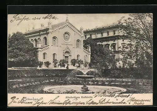 AK München, Allerheiligen Hofkirche mit Brunnen
