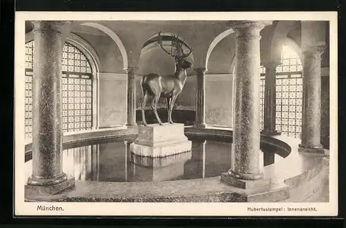 AK München, Innenansicht des Hubertustempels mit Brunnen