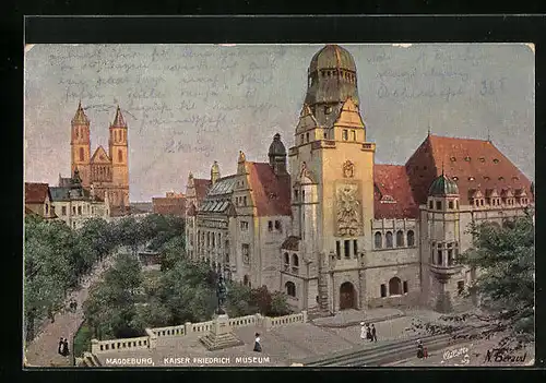 Künstler-AK Magdeburg, Kaiser Friedrich Museum mit Denkmal