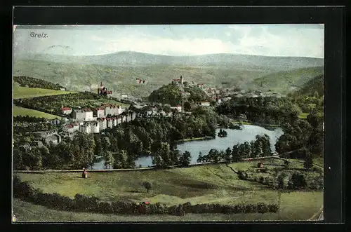 AK Greiz, Ortsansicht aus der Vogelschau