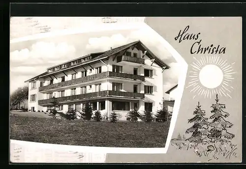 AK Höchenschwand, Pension Haus Christa, gezeichnete Tannen u. Sonne