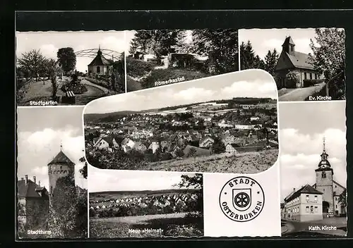 AK Osterburken, Ort aus der Vogelschau, Römerkastell, Kath. Kirche, Stadtgarten