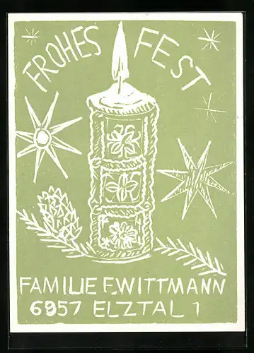 AK Elztal, Frohes Fest, Grusskarte mit Kerze von Familie F. Wittmann