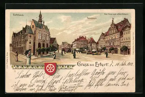 Lithographie Erfurt, Marktplatz mit Rathaus, Rolandsäule und Hist. Gasthaus zum rothen Ochsen