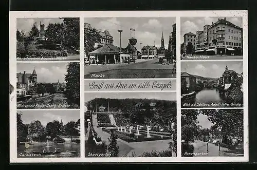 AK Aue /Erzgeb., Hansahaus, Markt, Blick von der König Georg-Brücke