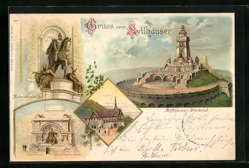 Lithographie Kyffhäuser, Reiterstandbild mit Barbarossa