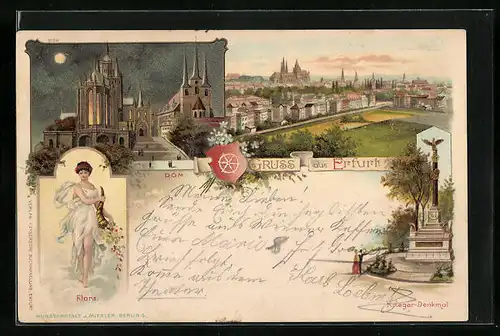 Mondschein-Lithographie Erfurt, Dom, Flora und Krieger-Denkmal