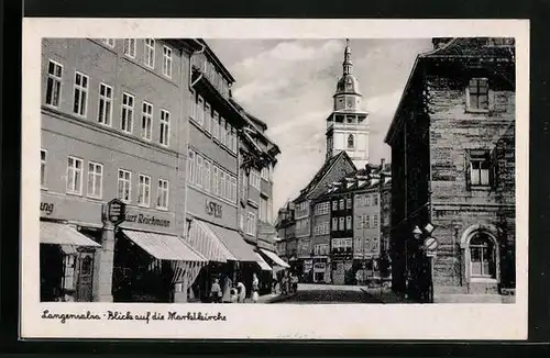 AK Langensalza, Blick auf die Marktkirche mit Geschäften