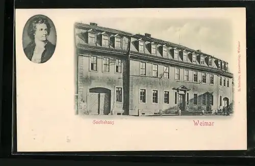 Relief-AK Weimar, Ansicht des Goethehauses mit Porträt