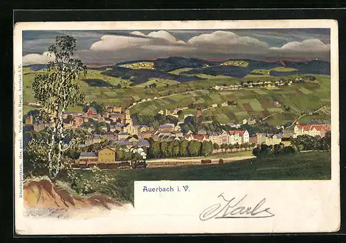 Künstler-AK Auerbach i. V., Totalansicht vom Berg aus