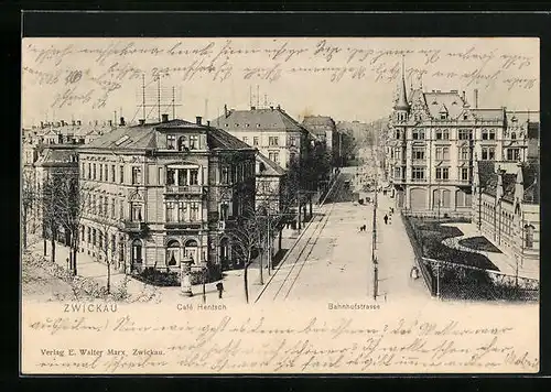 AK Zwickau, Café Hentsch, Bahnhofstrasse und Litfasssäule