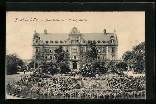 AK Zwickau i. Sa., Albertplatz mit Hauptpostamt
