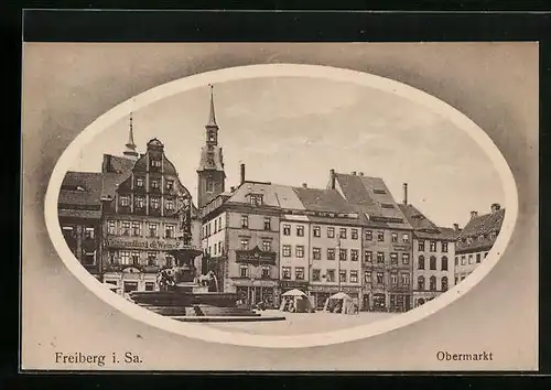 AK Freiberg i. Sa., Obermarkt mit Springbrunnen