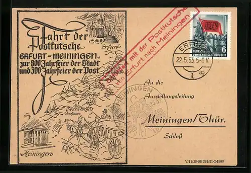 AK Meiningen, Fahrt der Postkutsche nach Erfurt zur 800-Jahrfeier der Stadt