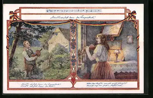 Künstler-AK Ezel: Junger Mann singt für eine Dame am Fenster