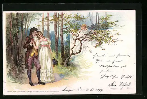 Künstler-AK E. Döcker: Junges Liebespaar im Wald mit Amor