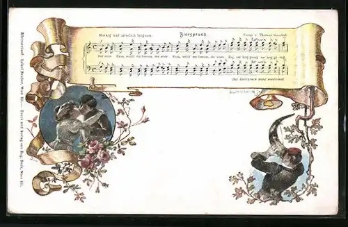 Künstler-AK E. Döcker: Küssendes junges Paar und aus einem Horn trinkender Mann