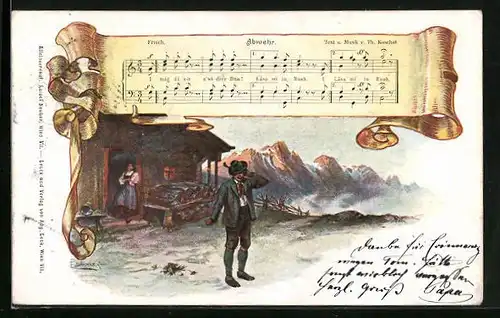 Künstler-AK E. Döcker: Mann und Frau in Tracht vor einer Berghütte