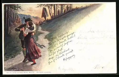 Künstler-AK E. Döcker: Junges tanzendes Paar in Tracht