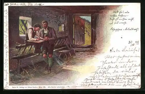 Künstler-AK E. Döcker: Junge mit seinem Vater schreibend im Stall