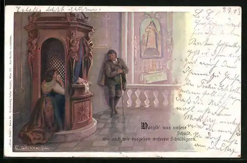Künstler-AK E. Döcker: Frau kniend im Beichtstuhl