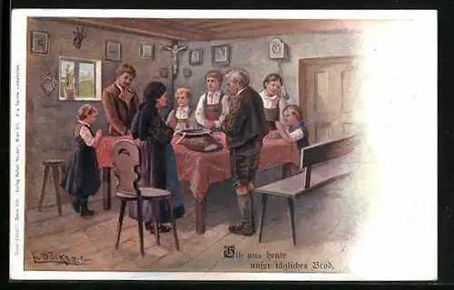 Künstler-AK E. Döcker: Familie beim Tischgebet in der guten Stube