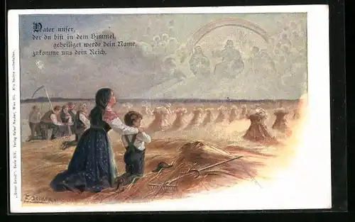 Künstler-AK E. Döcker: Betende Bauern nach der Ernte