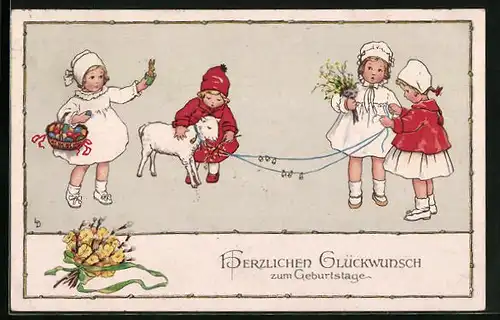 Künstler-AK Lia Döring: Kinder mit Osterkorb und Osterlamm