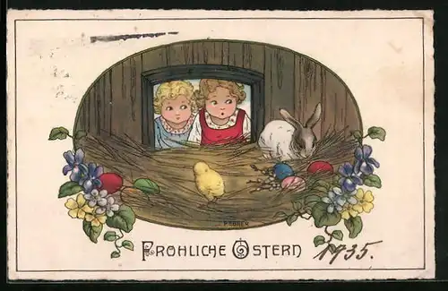 Künstler-AK Pauli Ebner: Kinder beobachten Osterhasen mit bunten Eiern