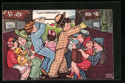 Künstler-AK Margret Boriss: Vacantiegenoegens, Männer und Frauen mit Kindern im Bahnabteil