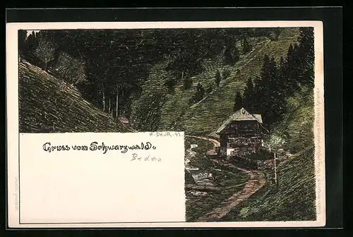 Künstler-AK Hermann Daur: Holzhütte im Schwarzwald bei Nacht