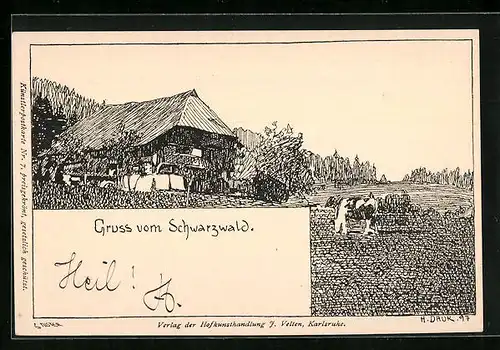 Künstler-AK Hermann Daur: Hütte im Schwarzwald mit Kuh