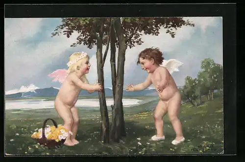 Künstler-AK Marie Flatscher (M.FL.): Zwei Englein auf Blumenwiese an einem Baum