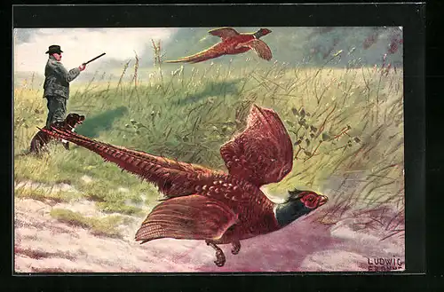 Künstler-AK Ludwig Fromme: Jäger mit Gewehr und Auerhähnen